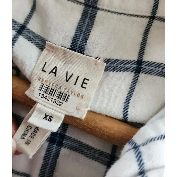 Lavie Rebecca Taylor Top Womens Size XS White Navy Windowpane 100% Cotton Slit - Picture 8 of 14